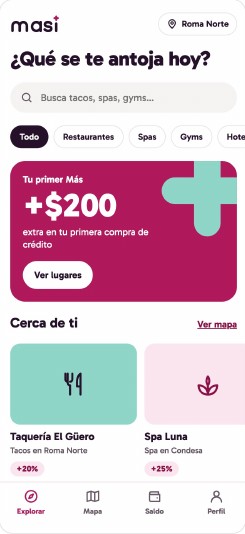 Pantalla Explorar de la app Masi
